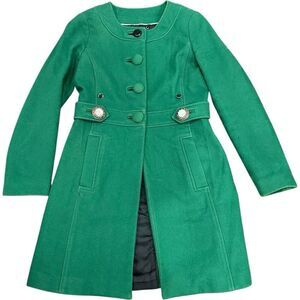 BANANA REPUBLIC Kelly Green Wool Trench Coat Jacket Embellished Buttons Work Pro